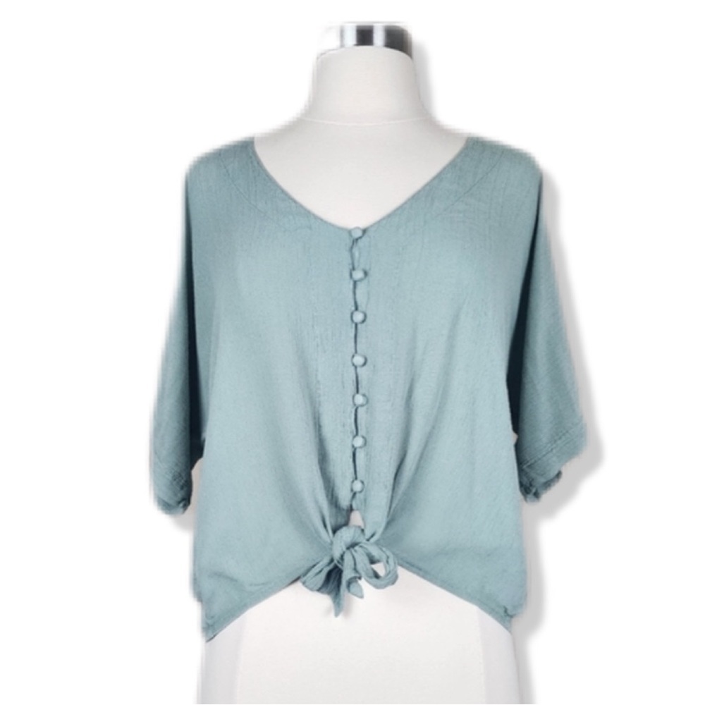 O’Neill Railee Tie Front Dolman Sleeve Seafoam Green Relaxed Button Blouse S